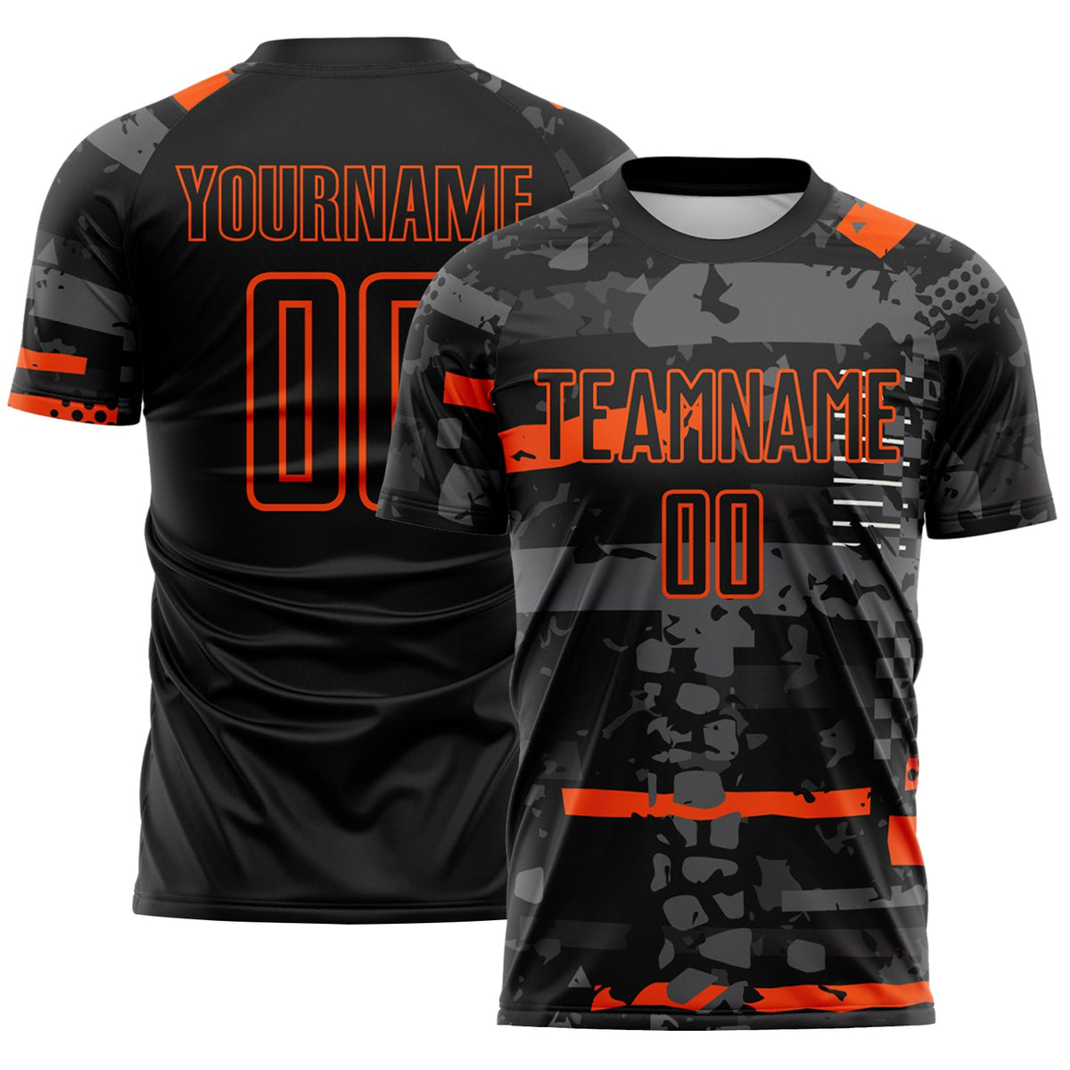 Custom Black Orange-Gray Abstract Geometric Stripe Fragment Sublimation Soccer Uniform Jersey