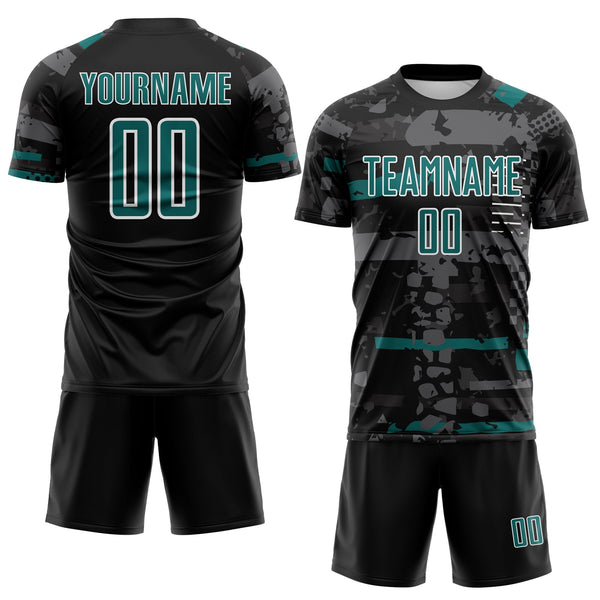 Custom Black Teal Gray-White Abstract Geometric Stripe Fragment Sublimation Soccer Uniform Jersey alternate