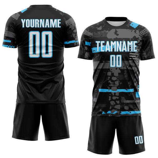 Custom Black White Sky Blue-Gray Abstract Geometric Stripe Fragment Sublimation Soccer Uniform Jersey alternate