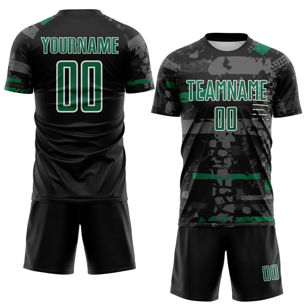 Custom Black Kelly Green Gray-White Abstract Geometric Stripe Fragment Sublimation Soccer Uniform Jersey alternate