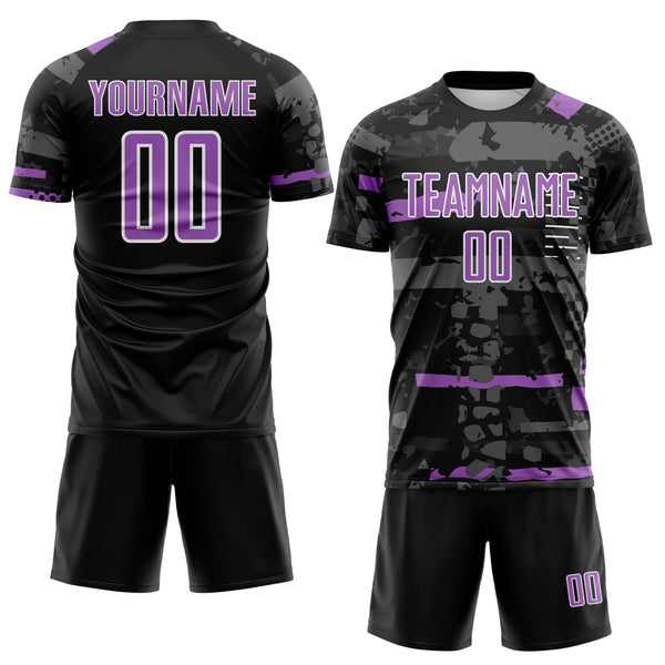 Custom Black Medium Purple Gray-White Abstract Geometric Stripe Fragment Sublimation Soccer Uniform Jersey alternate