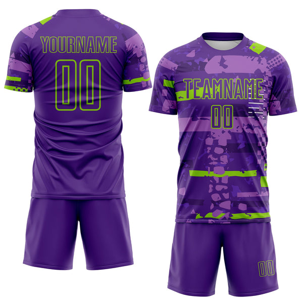 Custom Purple-Neon Green Abstract Geometric Stripe Fragment Sublimation Soccer Uniform Jersey alternate