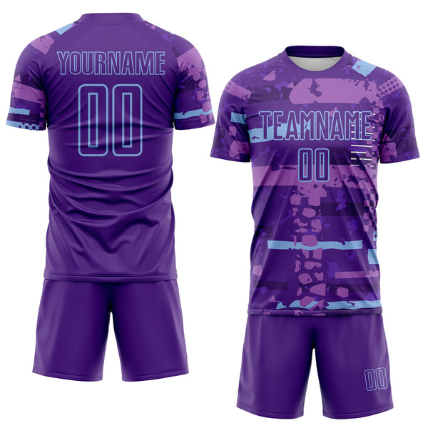 Custom Purple-Light Blue Abstract Geometric Stripe Fragment Sublimation Soccer Uniform Jersey alternate