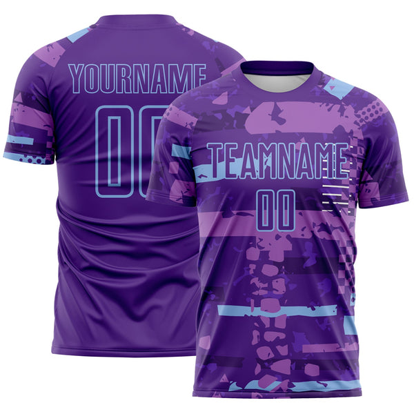 Custom Purple-Light Blue Abstract Geometric Stripe Fragment Sublimation Soccer Uniform Jersey