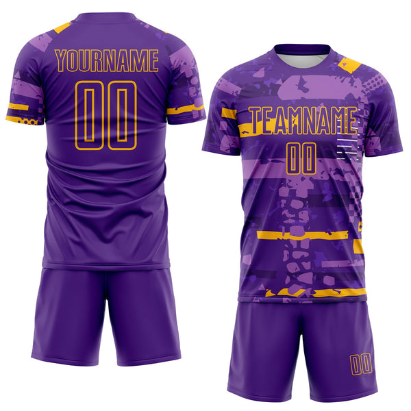 Custom Purple-Gold Abstract Geometric Stripe Fragment Sublimation Soccer Uniform Jersey alternate