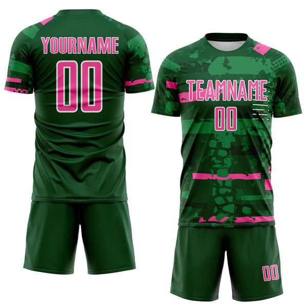 Custom Green Pink-White Abstract Geometric Stripe Fragment Sublimation Soccer Uniform Jersey alternate