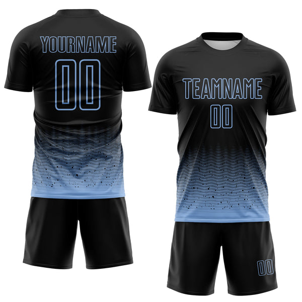 Custom Black-Light Blue Fade Wave Lines Splatter Sublimation Soccer Uniform Jersey alternate