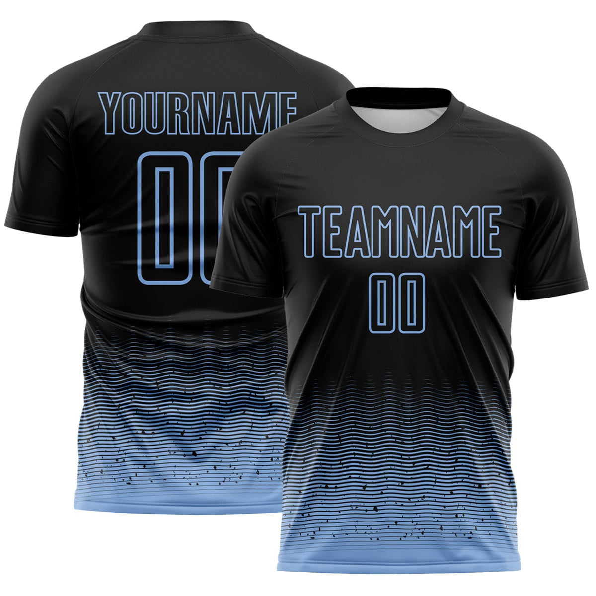 Custom Black-Light Blue Fade Wave Lines Splatter Sublimation Soccer Uniform Jersey