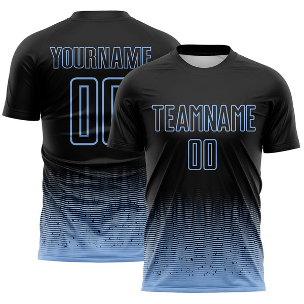 Custom Black-Light Blue Fade Wave Lines Splatter Sublimation Soccer Uniform Jersey