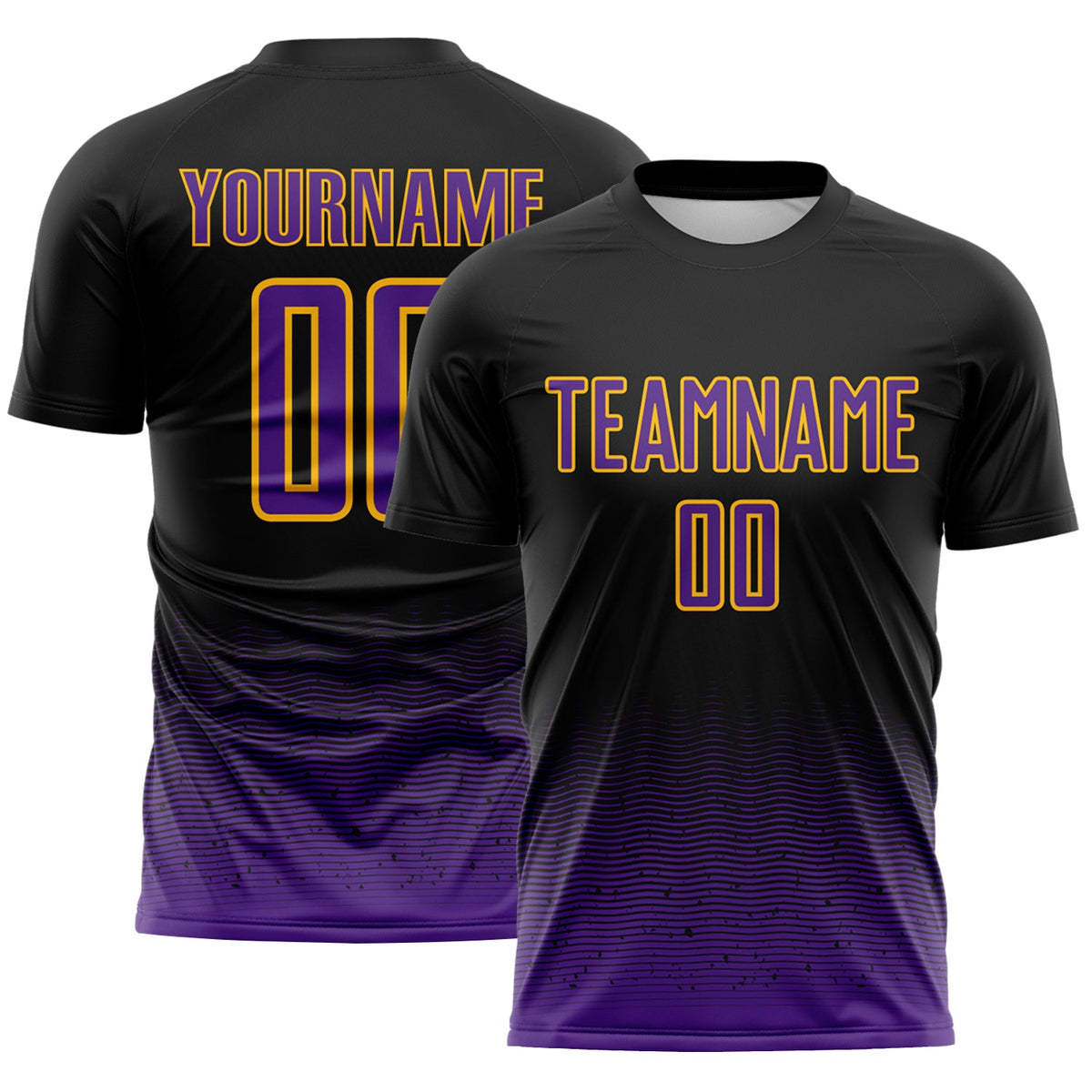 Custom Black Purple-Gold Fade Wave Lines Splatter Sublimation Soccer Uniform Jersey