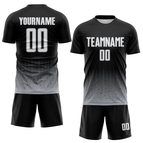 Custom Black White-Gray Fade Wave Lines Splatter Sublimation Soccer Uniform Jersey alternate