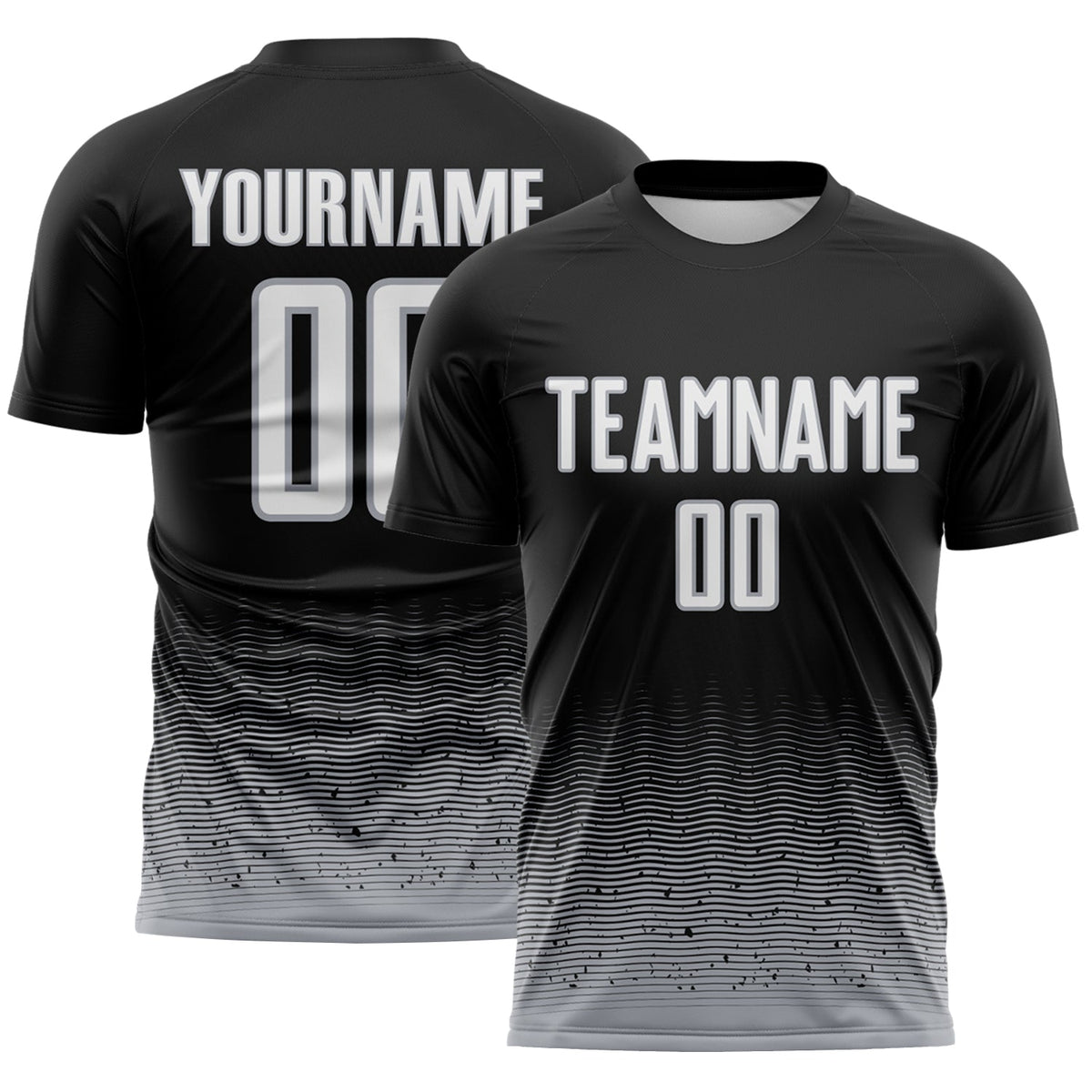 Custom Black White-Gray Fade Wave Lines Splatter Sublimation Soccer Uniform Jersey