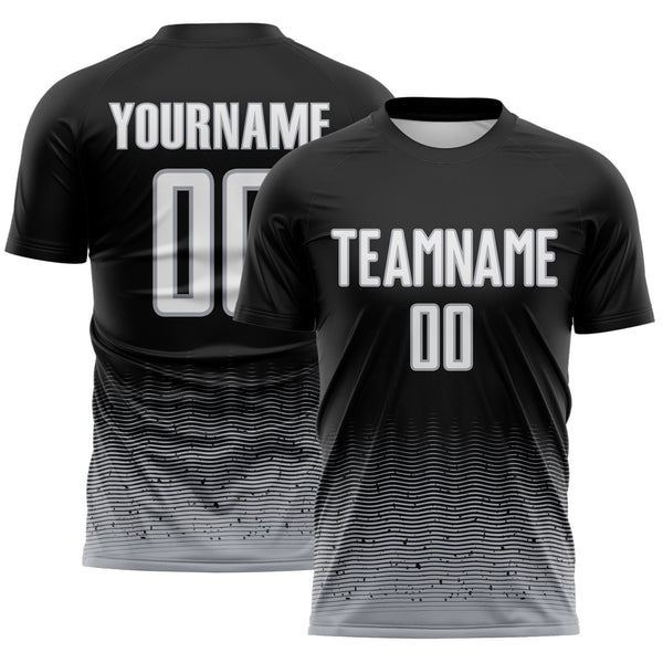 Custom Black White-Gray Fade Wave Lines Splatter Sublimation Soccer Uniform Jersey