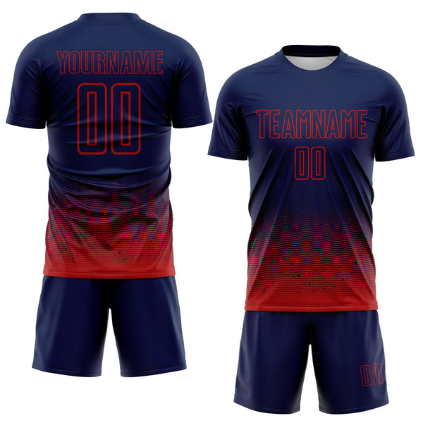 Custom Navy-Red Fade Wave Lines Splatter Sublimation Soccer Uniform Jersey alternate