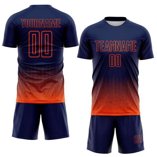 Custom Navy-Orange Fade Wave Lines Splatter Sublimation Soccer Uniform Jersey alternate