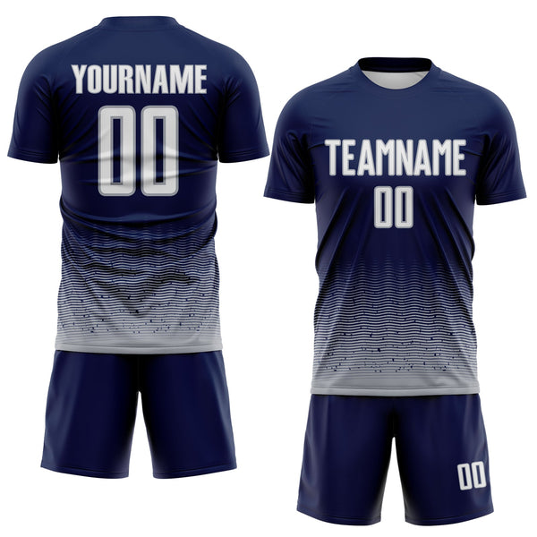 Custom Navy White-Gray Fade Wave Lines Splatter Sublimation Soccer Uniform Jersey alternate