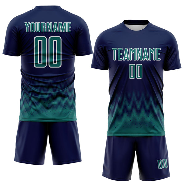 Custom Navy Teal-White Fade Wave Lines Splatter Sublimation Soccer Uniform Jersey alternate