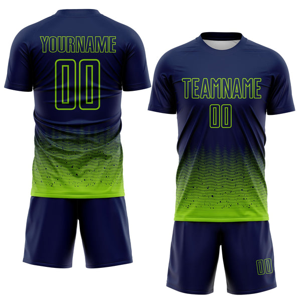 Custom Navy-Neon Green Fade Wave Lines Splatter Sublimation Soccer Uniform Jersey alternate