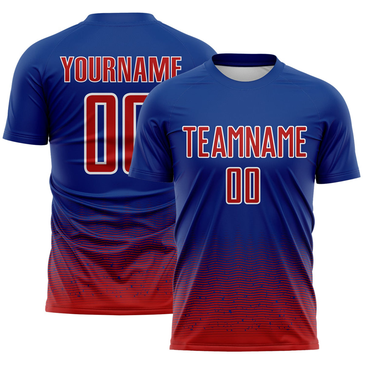Custom Royal Red-White Fade Wave Lines Splatter Sublimation Soccer Uniform Jersey