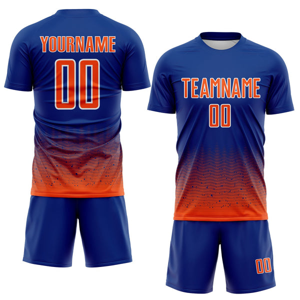 Custom Royal Orange-White Fade Wave Lines Splatter Sublimation Soccer Uniform Jersey alternate