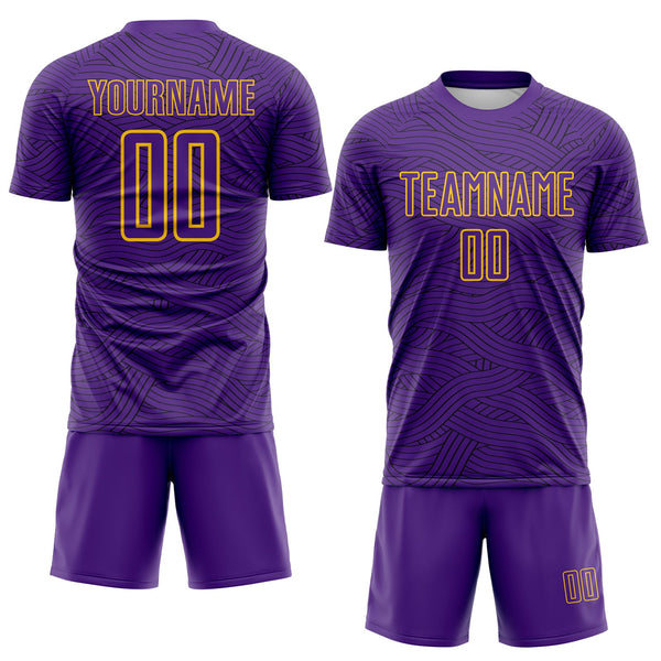 Custom Purple Black-Gold Abstract Wave Lines Interlocking Sublimation Soccer Uniform Jersey alternate