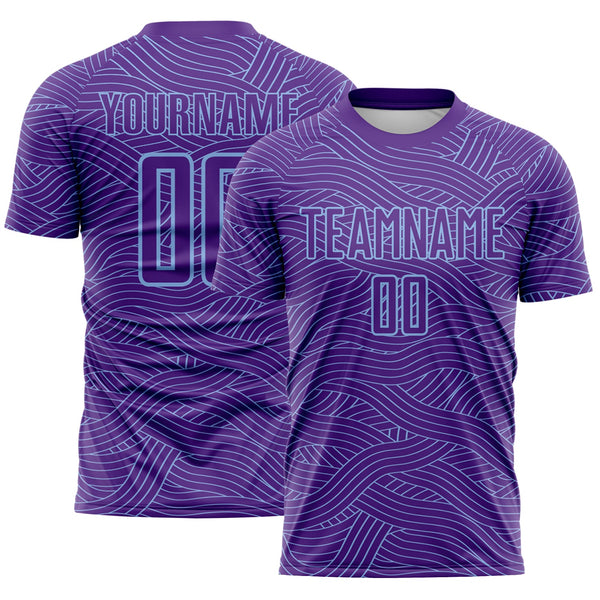 Custom Purple-Light Blue Abstract Wave Lines Interlocking Sublimation Soccer Uniform Jersey