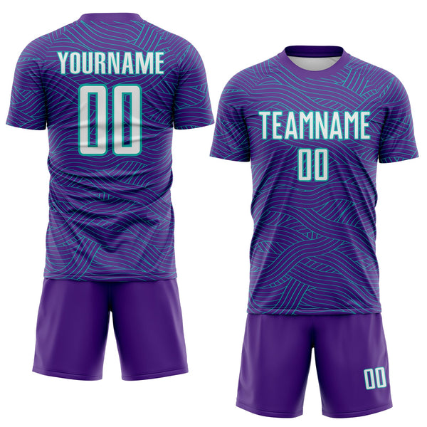 Custom Purple White-Aqua Abstract Wave Lines Interlocking Sublimation Soccer Uniform Jersey alternate