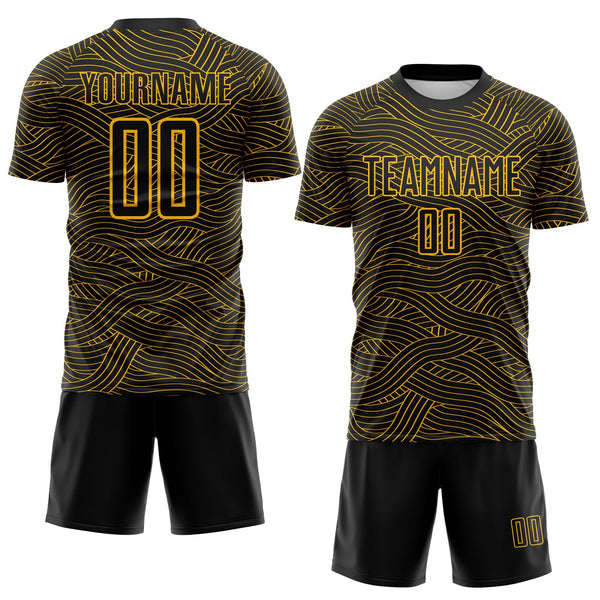 Custom Black-Gold Abstract Wave Lines Interlocking Sublimation Soccer Uniform Jersey alternate