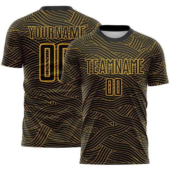 Custom Black-Gold Abstract Wave Lines Interlocking Sublimation Soccer Uniform Jersey