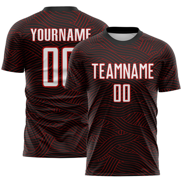 Custom Black White-Red Abstract Wave Lines Interlocking Sublimation Soccer Uniform Jersey