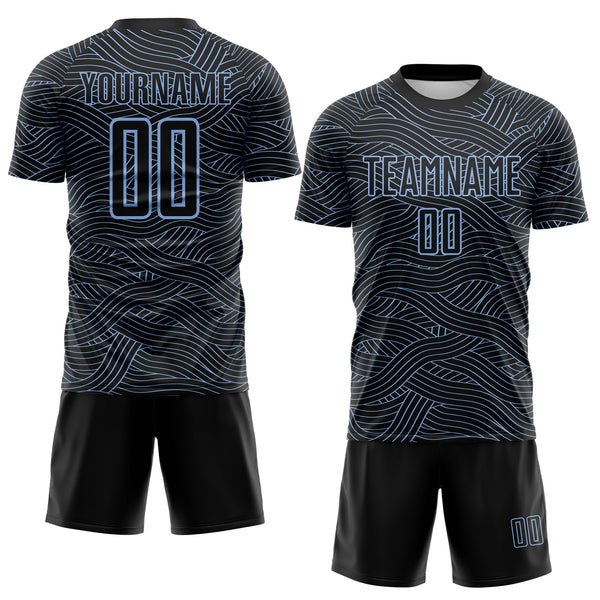 Custom Black-Light Blue Abstract Wave Lines Interlocking Sublimation Soccer Uniform Jersey alternate