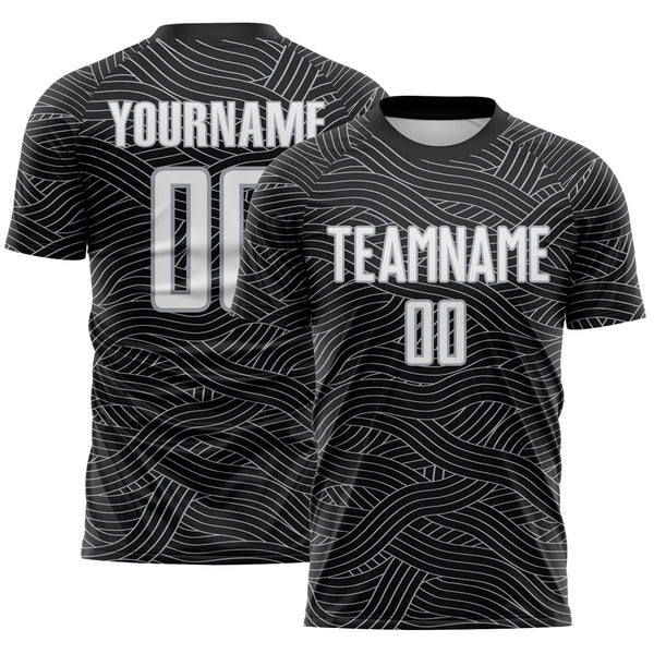 Custom Black White-Gray Abstract Wave Lines Interlocking Sublimation Soccer Uniform Jersey