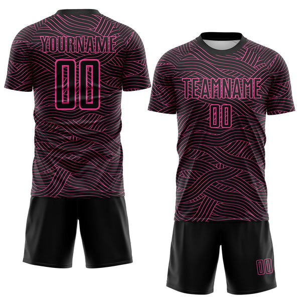 Custom Black-Pink Abstract Wave Lines Interlocking Sublimation Soccer Uniform Jersey alternate