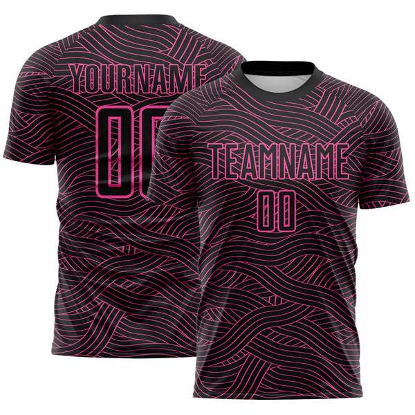 Custom Black-Pink Abstract Wave Lines Interlocking Sublimation Soccer Uniform Jersey