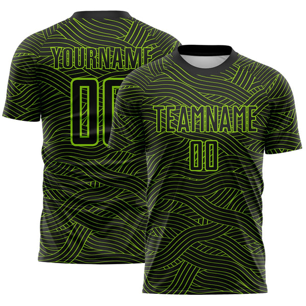 Custom Black-Neon Green Abstract Wave Lines Interlocking Sublimation Soccer Uniform Jersey