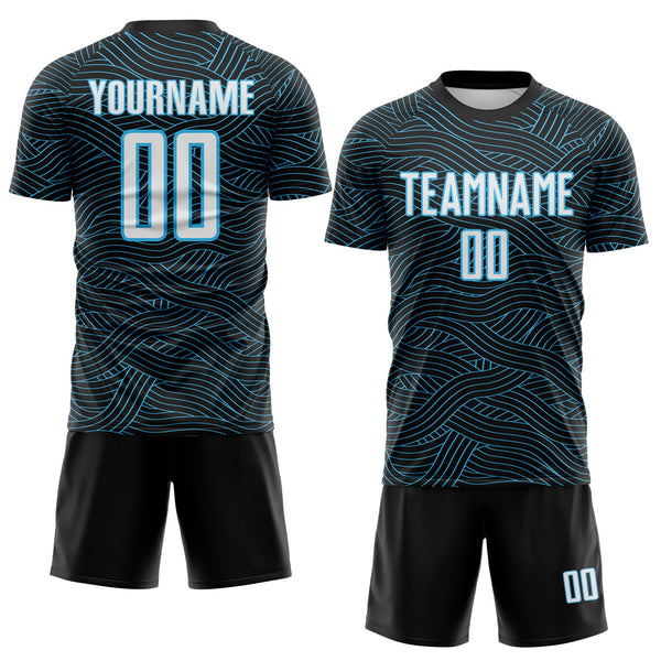 Custom Black White-Sky Blue Abstract Wave Lines Interlocking Sublimation Soccer Uniform Jersey alternate
