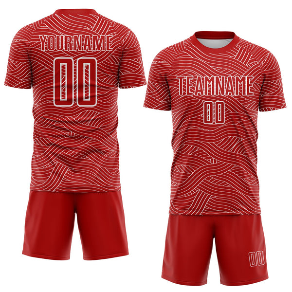 Custom Red-White Abstract Wave Lines Interlocking Sublimation Soccer Uniform Jersey alternate