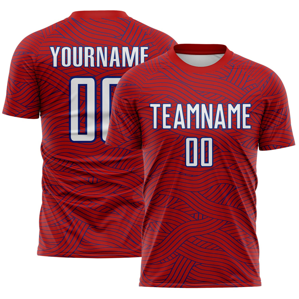 Custom Red White-Royal Abstract Wave Lines Interlocking Sublimation Soccer Uniform Jersey