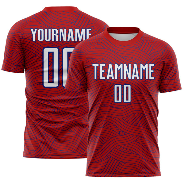 Custom Red White-Royal Abstract Wave Lines Interlocking Sublimation Soccer Uniform Jersey