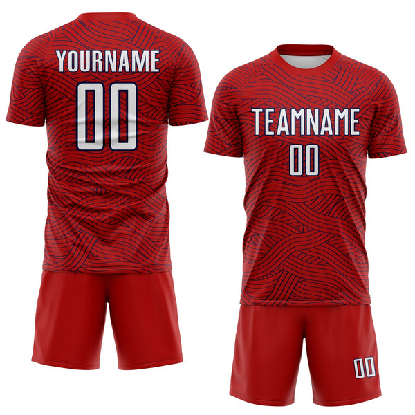 Custom Red White-Navy Abstract Wave Lines Interlocking Sublimation Soccer Uniform Jersey alternate