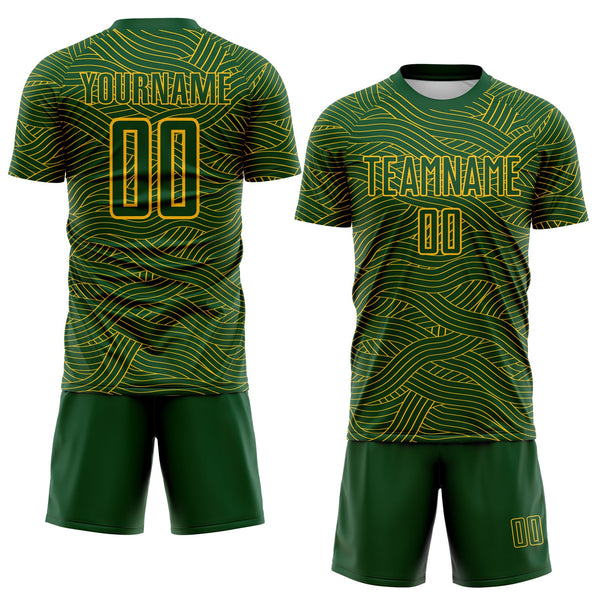 Custom Green-Gold Abstract Wave Lines Interlocking Sublimation Soccer Uniform Jersey alternate