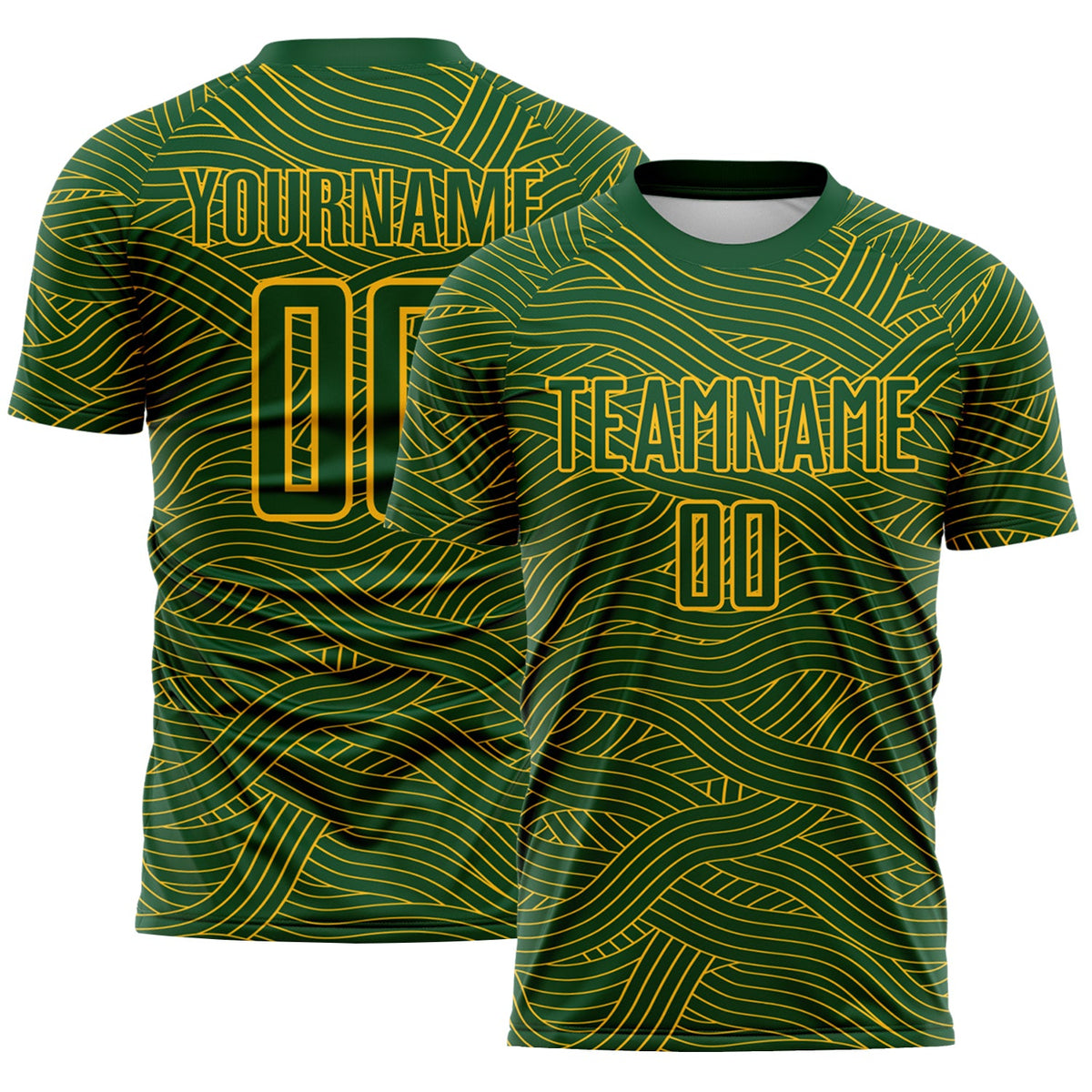 Custom Green-Gold Abstract Wave Lines Interlocking Sublimation Soccer Uniform Jersey