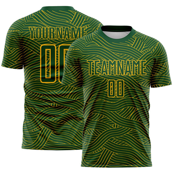 Custom Green-Gold Abstract Wave Lines Interlocking Sublimation Soccer Uniform Jersey