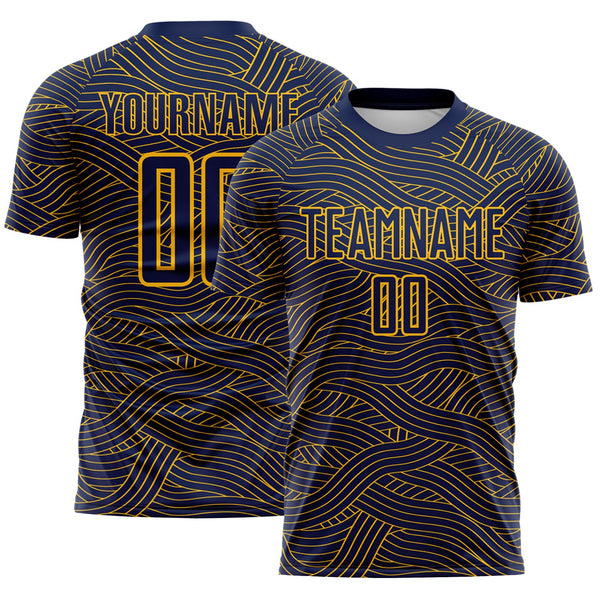 Custom Navy-Gold Abstract Wave Lines Interlocking Sublimation Soccer Uniform Jersey