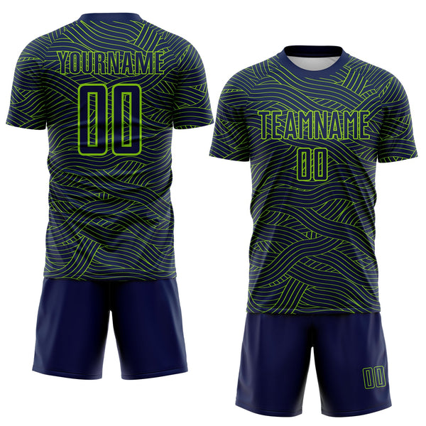 Custom Navy-Neon Green Abstract Wave Lines Interlocking Sublimation Soccer Uniform Jersey alternate