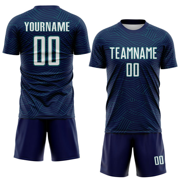 Custom Navy White-Teal Abstract Wave Lines Interlocking Sublimation Soccer Uniform Jersey alternate