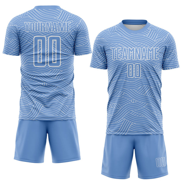 Custom Light Blue-White Abstract Wave Lines Interlocking Sublimation Soccer Uniform Jersey alternate