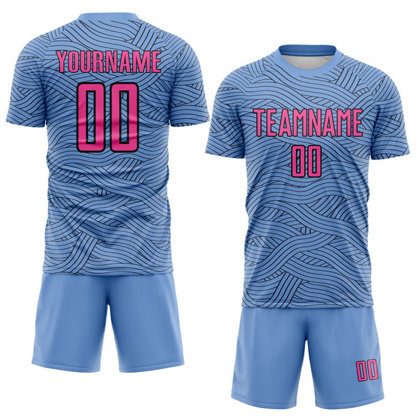 Custom Light Blue Pink-Black Abstract Wave Lines Interlocking Sublimation Soccer Uniform Jersey alternate