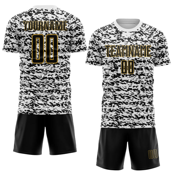 Custom White Black-Old Gold Geometric Fragment Splatter Sublimation Soccer Uniform Jersey alternate
