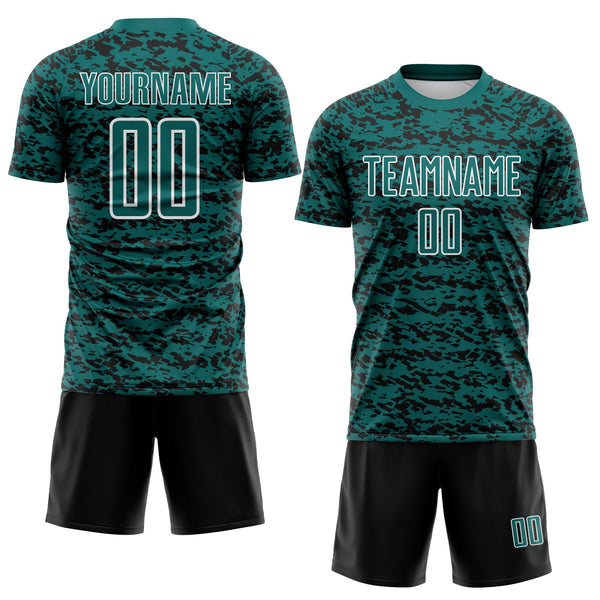 Custom Teal Black-White Geometric Fragment Splatter Sublimation Soccer Uniform Jersey alternate